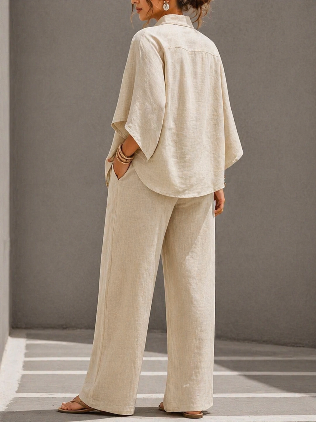 Marian | Conjunto de pantalón ancho de manga murciélago y lino de algodón