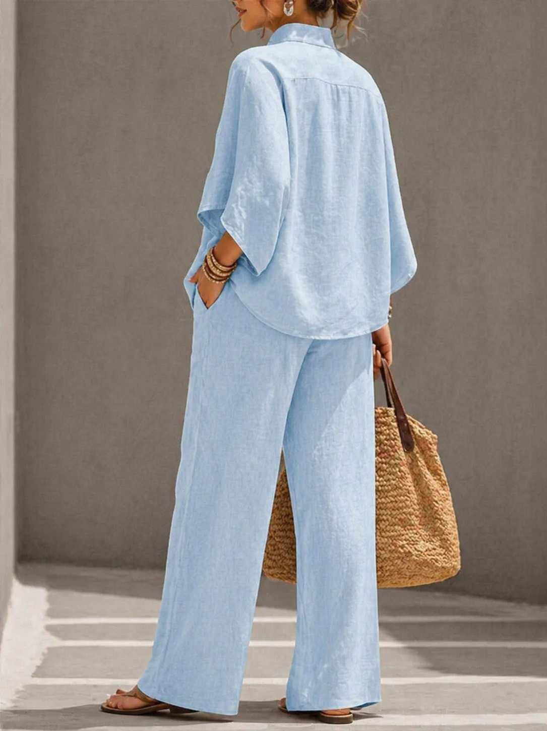 Marian | Conjunto de pantalón ancho de manga murciélago y lino de algodón
