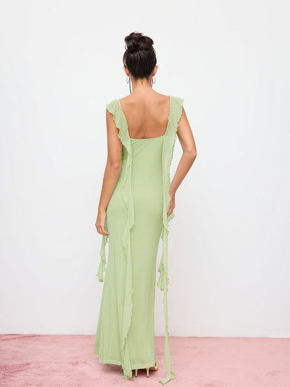 Alejandra | Vestido Maxi de Malla con Borde de Volantes