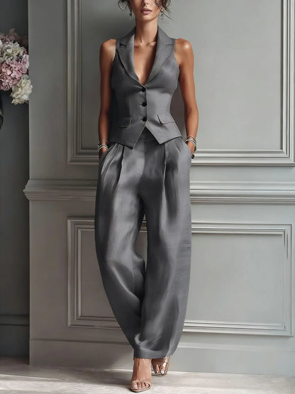 Traje de dos piezas con cuello en V y botones para mujer