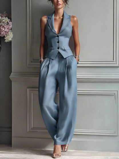 Traje de dos piezas con cuello en V y botones para mujer
