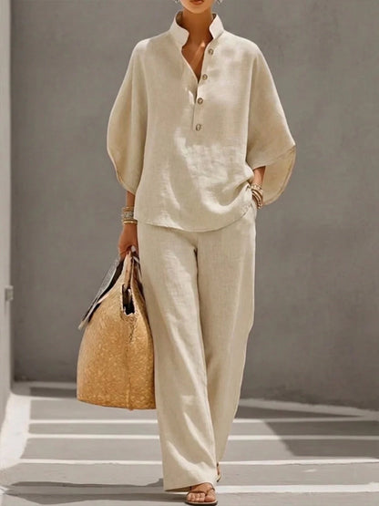 Marian | Conjunto de pantalón ancho de manga murciélago y lino de algodón
